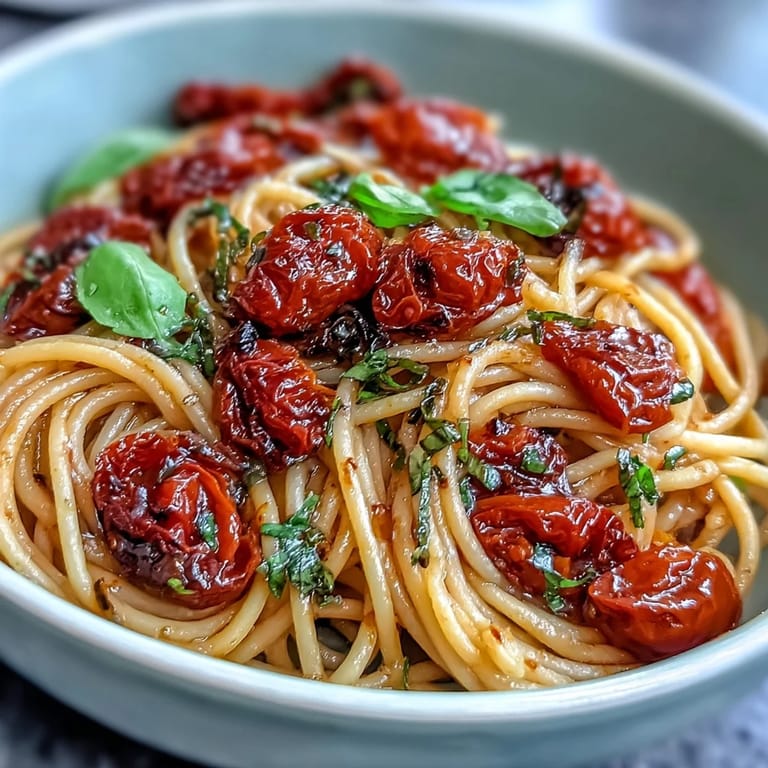 Tender slow-roasted cherry tomatoes tossed with spaghetti in rich garlic oil.