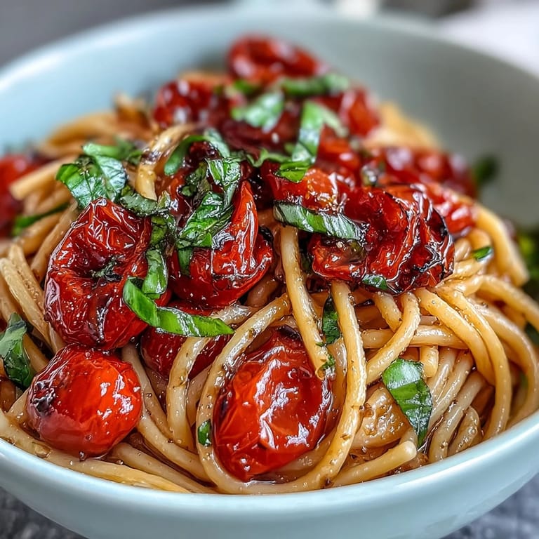Juicy confit tomato pasta, a simple, flavorful Italian dish with fragrant garlic.