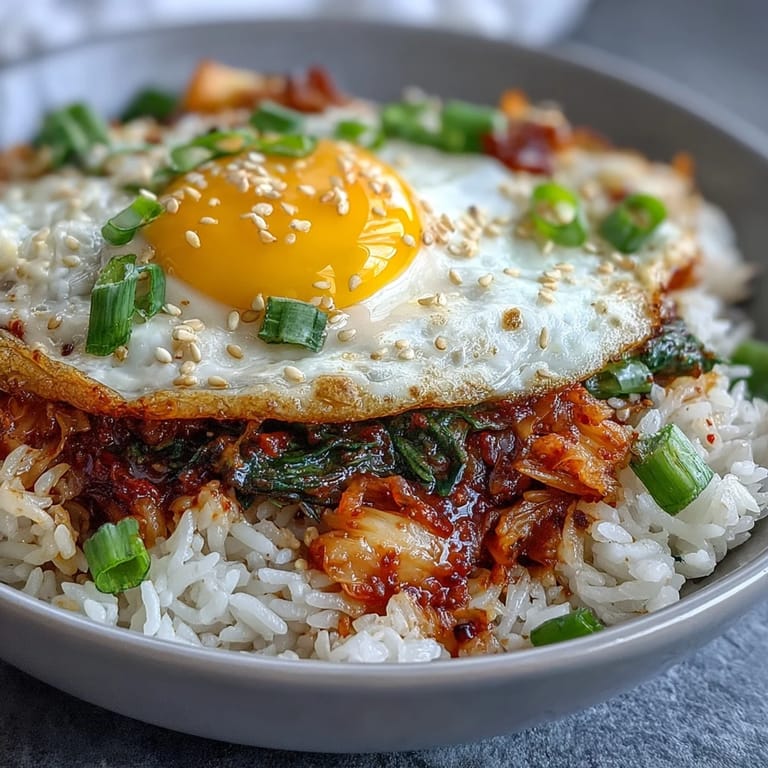 Hearty kimchi fried rice, showcasing spicy Korean flavors and a rich egg yolk.
