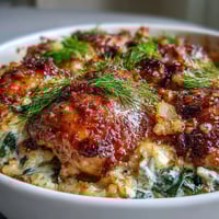 Creamy Greek Chicken & Pearl Couscous Bake with golden chicken thighs, spinach, and melted feta in a one-pan skillet.