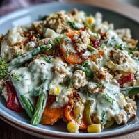 Creamy Ranch Turkey & Veggie Skillet with colorful peppers and carrots over pasta, topped with melted cheddar.