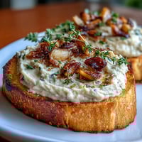 Creamy white bean and roasted garlic spread generously slathered on golden sourdough toast, garnished with fresh herbs.  