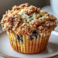 A close-up view of golden Lemon Blueberry Sourdough Crumb Muffins topped with buttery streusel and bursting with juicy berries.