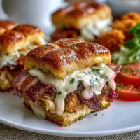 Warm sliders layered with turkey, crispy bacon, and creamy Mornay sauce, perfect for Derby Day celebrations.