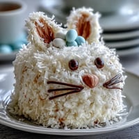 A whimsical Easter Bunny Cake with coconut frosting, decorated with candy eyes, licorice whiskers, and a fluffy marshmallow tail.
