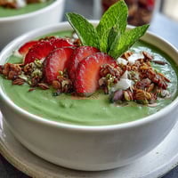 Strawberry Matcha Latte Smoothie Bowl with fresh strawberries and crunchy granola, a vibrant breakfast bowl blending creamy matcha and fruity flavors.