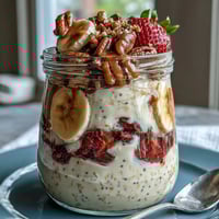 Creamy strawberry banana overnight oats with chia seeds in a glass jar, topped with fresh fruit slices and a sprinkle of chia for a wholesome breakfast.