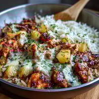 Baked Pineapple Chicken and Rice Casserole with bubbly cheese topping, golden and savory.  