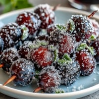 Vibrant frozen grape skewers with zesty lime sugar, a refreshing summer treat on a stick.