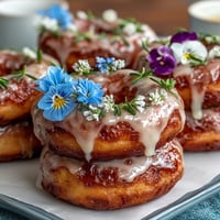 Baby in Bloom Mini Donut Tower with Flowers, a whimsical tiered display of glazed mini donuts adorned with fresh edible flowers and mint leaves.