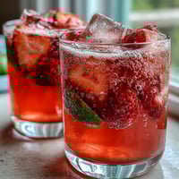 Vibrant pink lemonade party punch in a glass pitcher, garnished with lemon wheels, lime slices, and fresh strawberries.