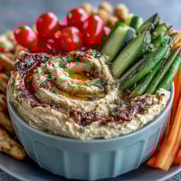 Portable snack cups filled with creamy hummus and crisp vegetable sticks for easy on-the-go munching.