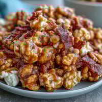 Baseball season popcorn mix with peanuts and caramel, a sweet and salty snack perfect for game day gatherings.