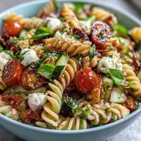 Vibrant Easy Picnic Pasta Salad with Italian Dressing, loaded with colorful vegetables and mozzarella pearls, perfect for outdoor gatherings.