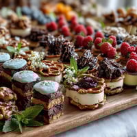Festive grad party dessert board with mini brownies, lemon bars, and colorful cake slices for celebration sharing.  