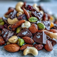 A colorful bowl of homemade trail mix with dark chocolate, almonds, cashews, and dried cranberries, perfect for snacking on the go.