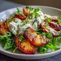 Vibrant grilled peach and burrata salad with honey drizzle, arugula, and basil leaves on a rustic platter.