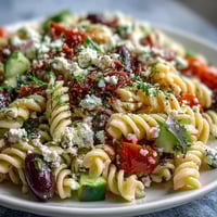 A colorful Greek pasta salad with feta, olives, and crisp vegetables, perfect for summer picnics.