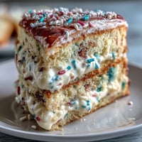 Festive funfetti dip cake adorned with colorful sprinkles, ready for any birthday party.