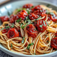 Summery cherry tomato confit pasta, glistening with garlic oil and fresh basil.